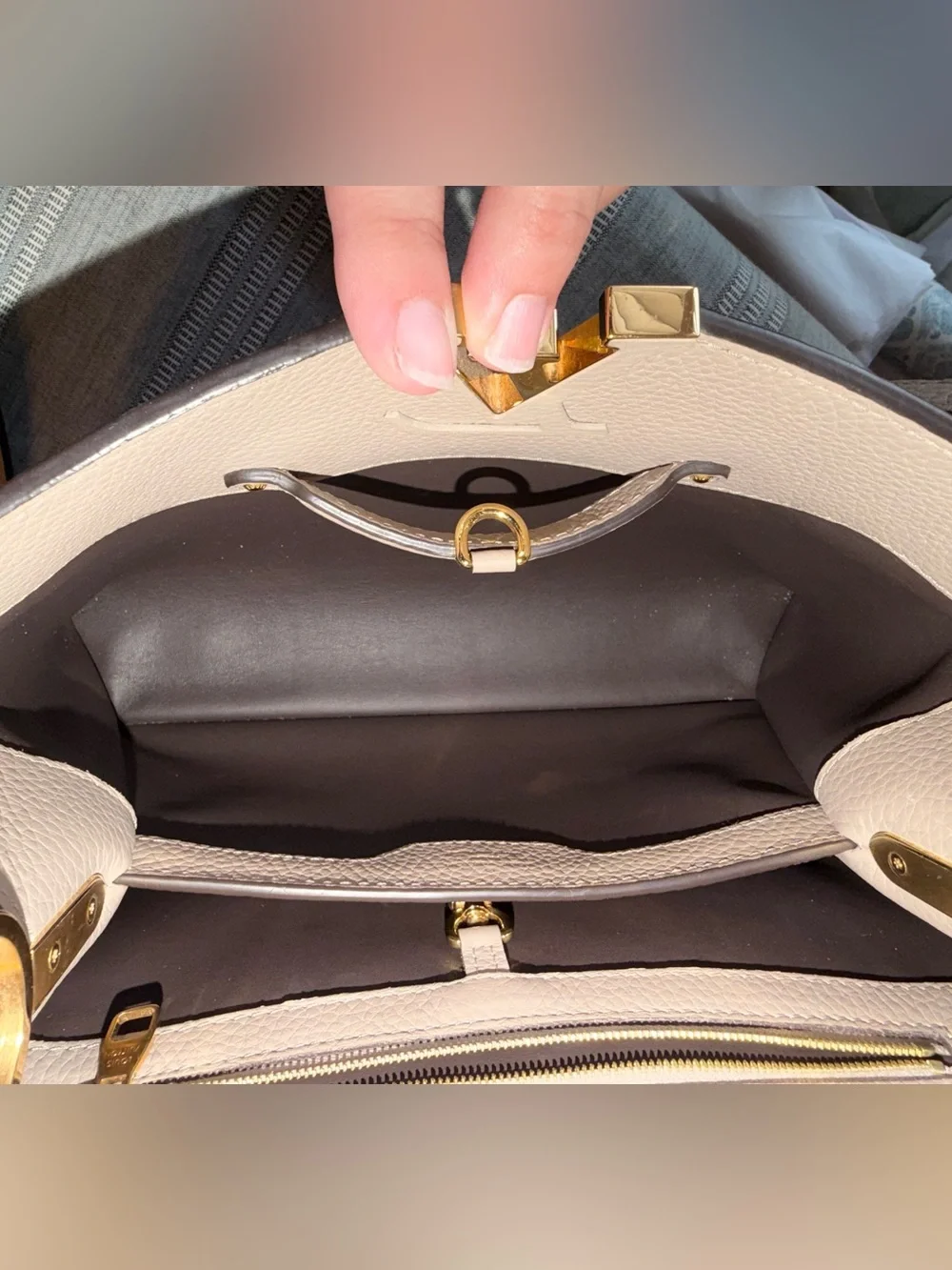 Louis Vuitton Beige/Light Taupe Leather Satchel with Gold LV Accent